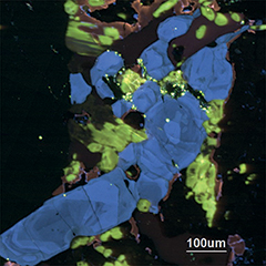 Cathodoluminescence image of an apatite and sodalite mineral taken with a TESCAN compact Rainbow CL detector.