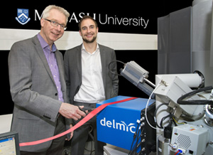 Professor Albert Polman, (FOM Institute AMOLF and University of Amsterdam) (Left), inventor of the SPARC cathodoluminescence system, and Dr Sander den Hoedt, (CEO,DELMIC BV) (Right) open the Monash facility.